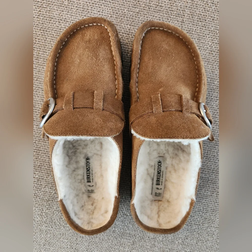 Birkenstock Tan Suede Shearling-Lined Clog Mules with Buckle - Picture 3 of 10